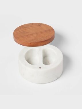 Threshold NWT Marble Salt Cellar With Wood Lid Container Spices 2-Compartments